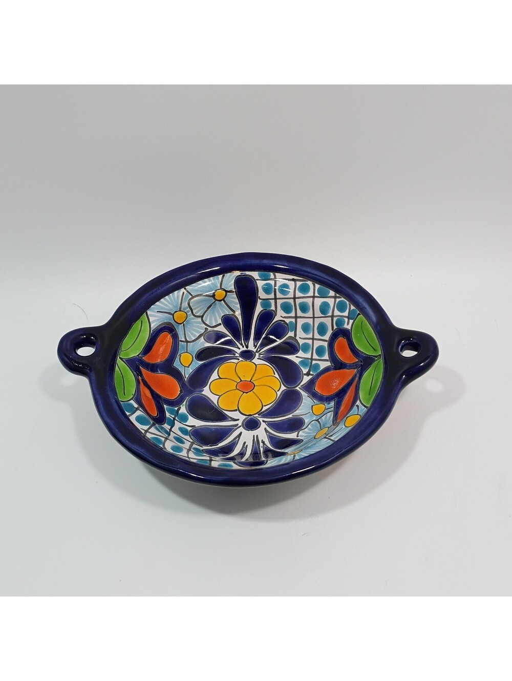 Vintage Talavara Mexican Bowl with Handles Hand Painted Mexican Folk Art Pottery